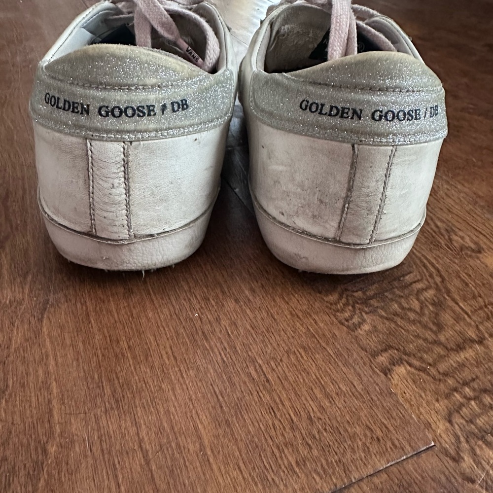 Golden Goose Off-White Leather Low-Top Sneakers with Glitter Heel